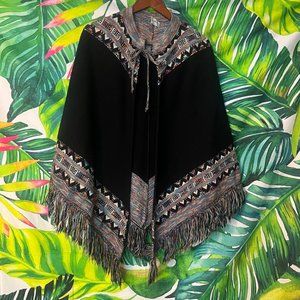 Cuddle Knit M/L Black Multicolor Boho Southwestern Aztec Tie Sweater Shawl